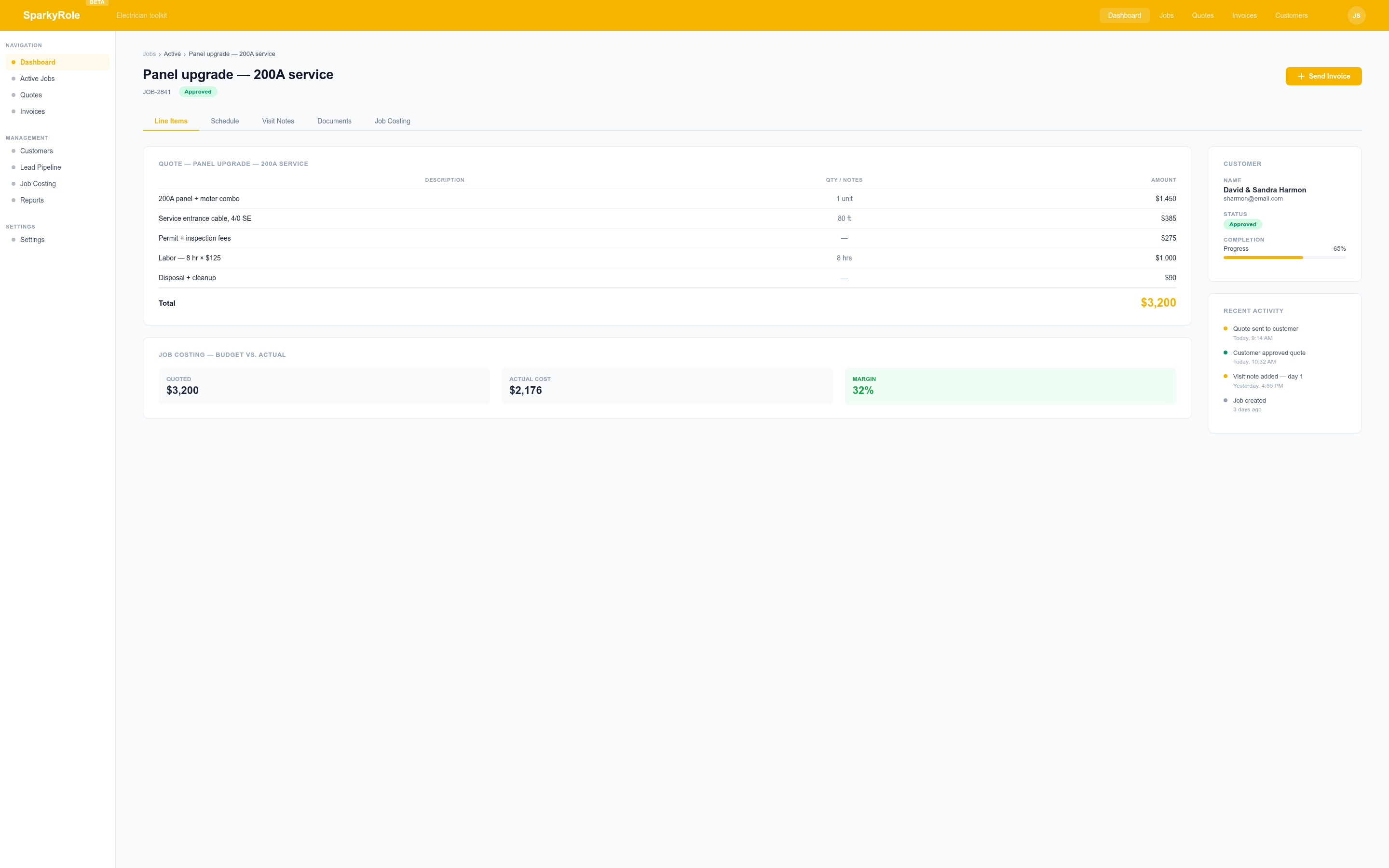 SparkyRole job view — scope of work with itemized line costs, schedule, selections, and callbacks tabs.
